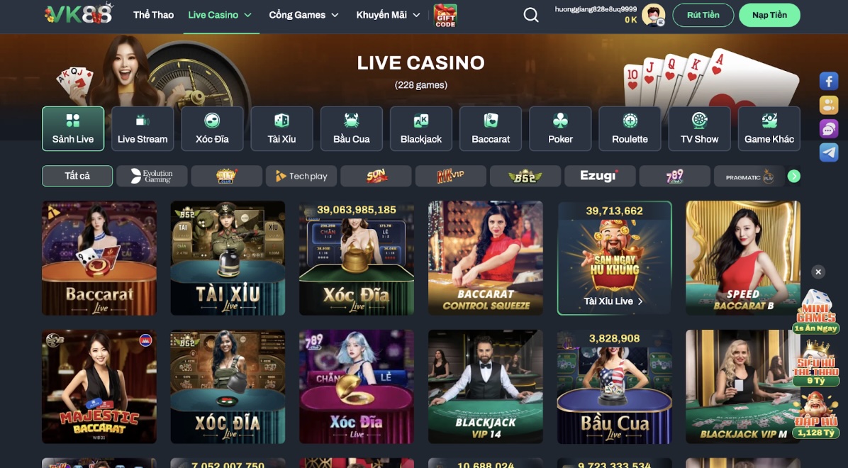 Ưu điểm vượt trội của sảnh cược Live Casino tại VK88